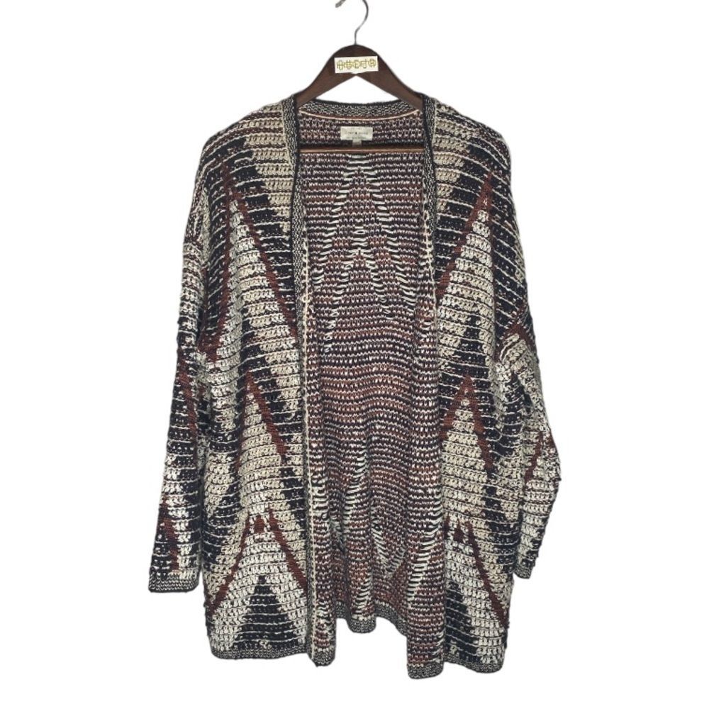 LUCKY BRAND navy burgundy white knit cardigan // XL